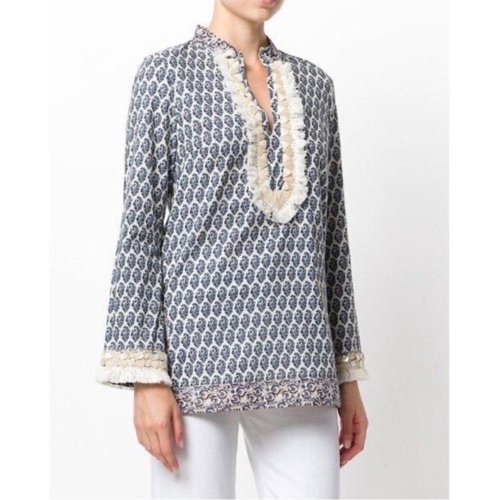 Women's Tory Burch embellished Patterned Tunic Top with Fringe Trim